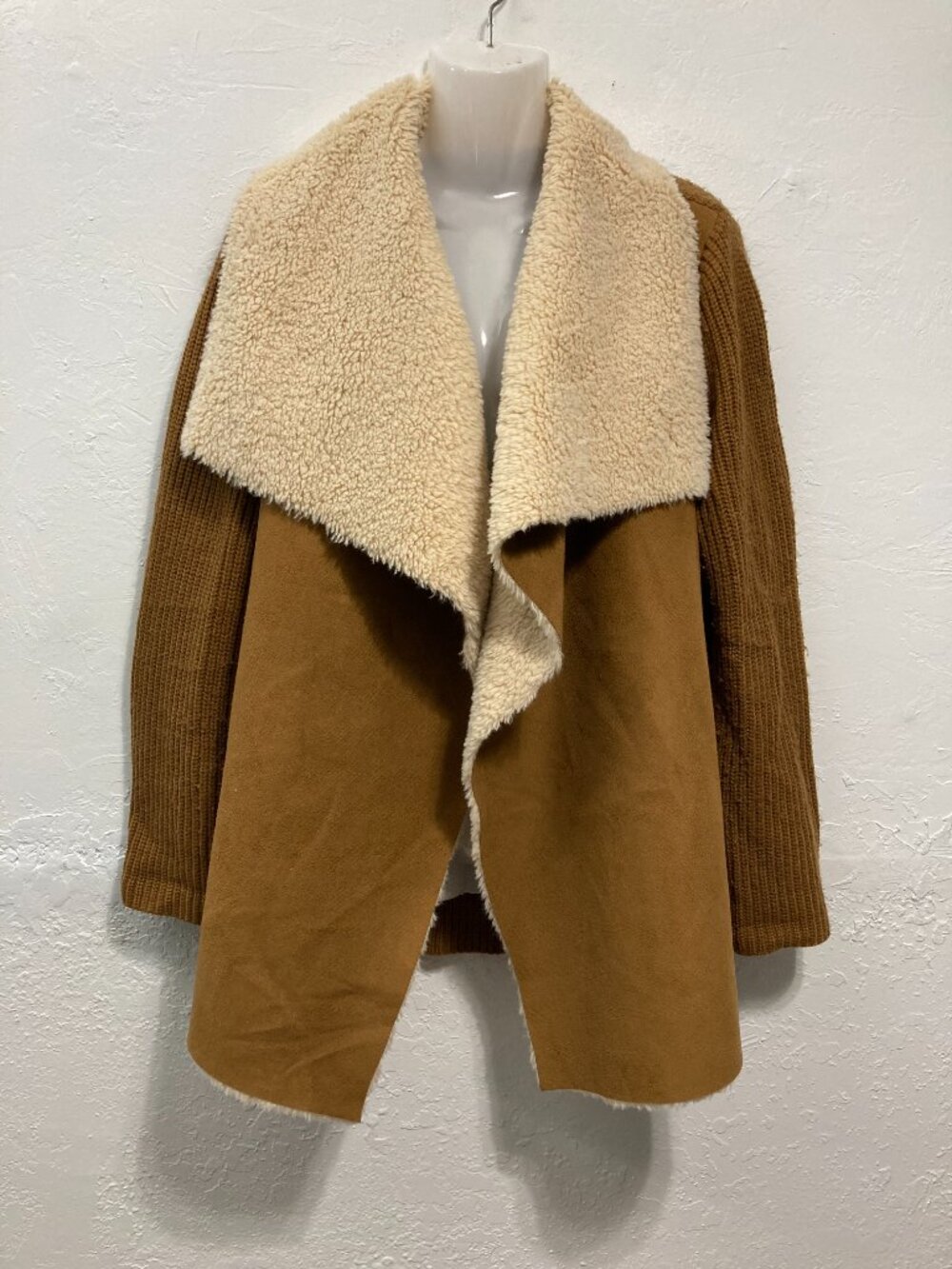Joan Vass Knit Shawl Collar Open Front Cozy Cardigan Sweater Mixed Media Suede